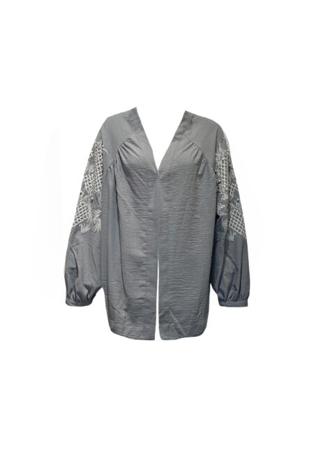 Grijze blouse/kimono jasje met borduursels en parels
