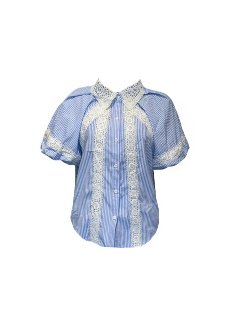 Lichtblauw/wit gestreepte blouse met kant