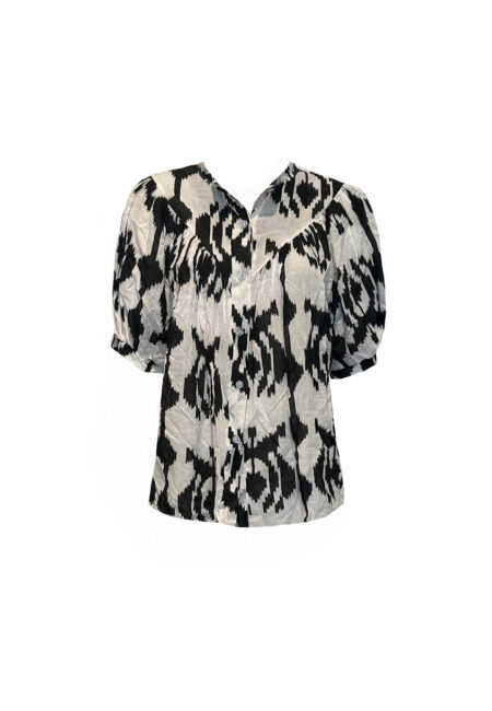 Voile zwart/witte katoenen blouse met pofmouwtjes