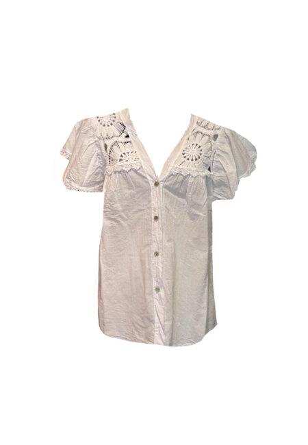 Wit katoenen blouse met gehaakte bovenkant