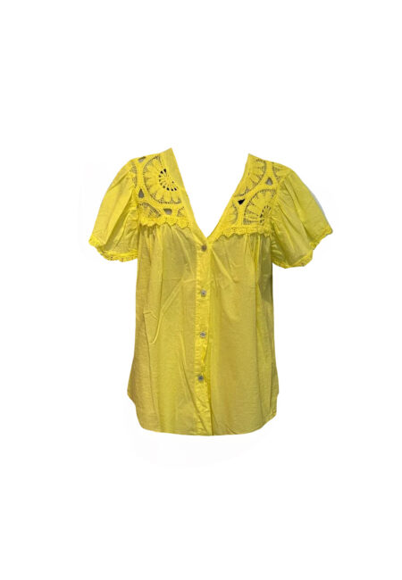 Geel katoenen blouse met gehaakte bovenkant