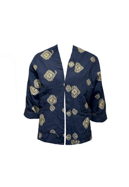 Blauw gewatteerd kimono jasje met gouden borduursels