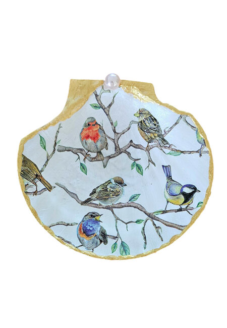 Sint jakobsschelp met vogels en gouden rand, handmade