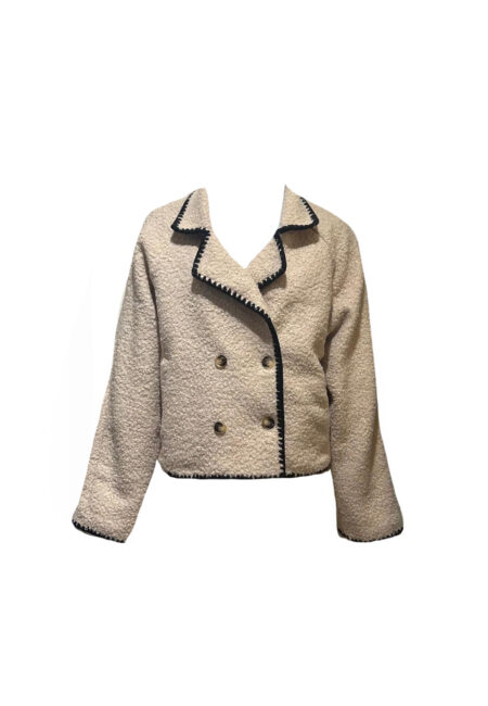 Beige teddy jasje met zwarte bies