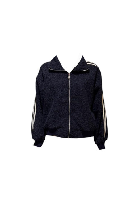 Donkerblauw teddy bomber jack met witte biezen