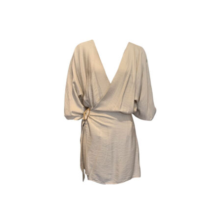 Beige overslag jurkje met ballon mouwen