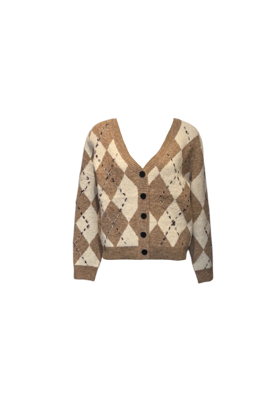 Ecru/camel vest met ingeweven ruit dessin