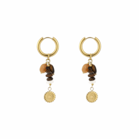 Goudkleurige oorbelletjes met bruine kraaltjes en bedeltje