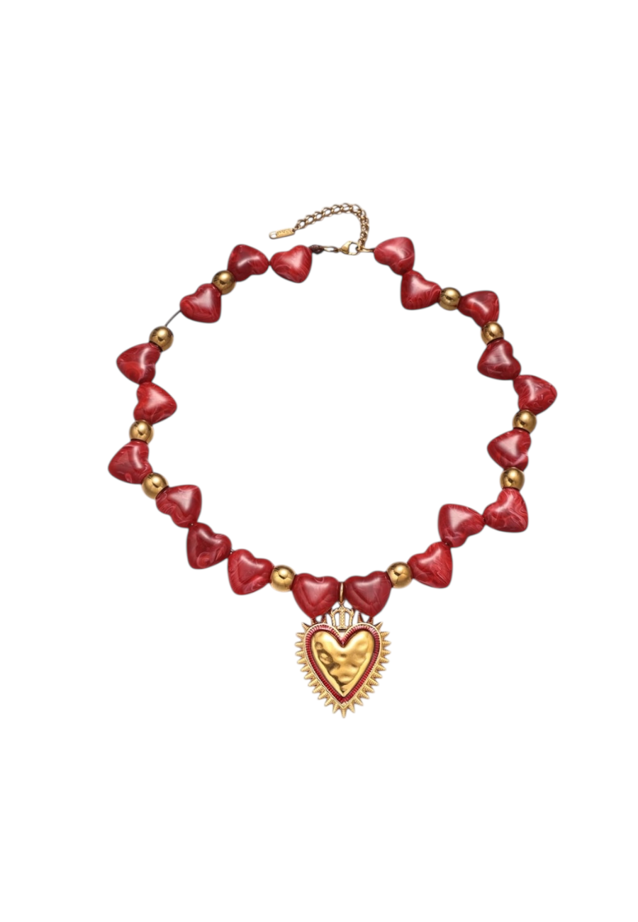 Rode kralen ketting met hartjes