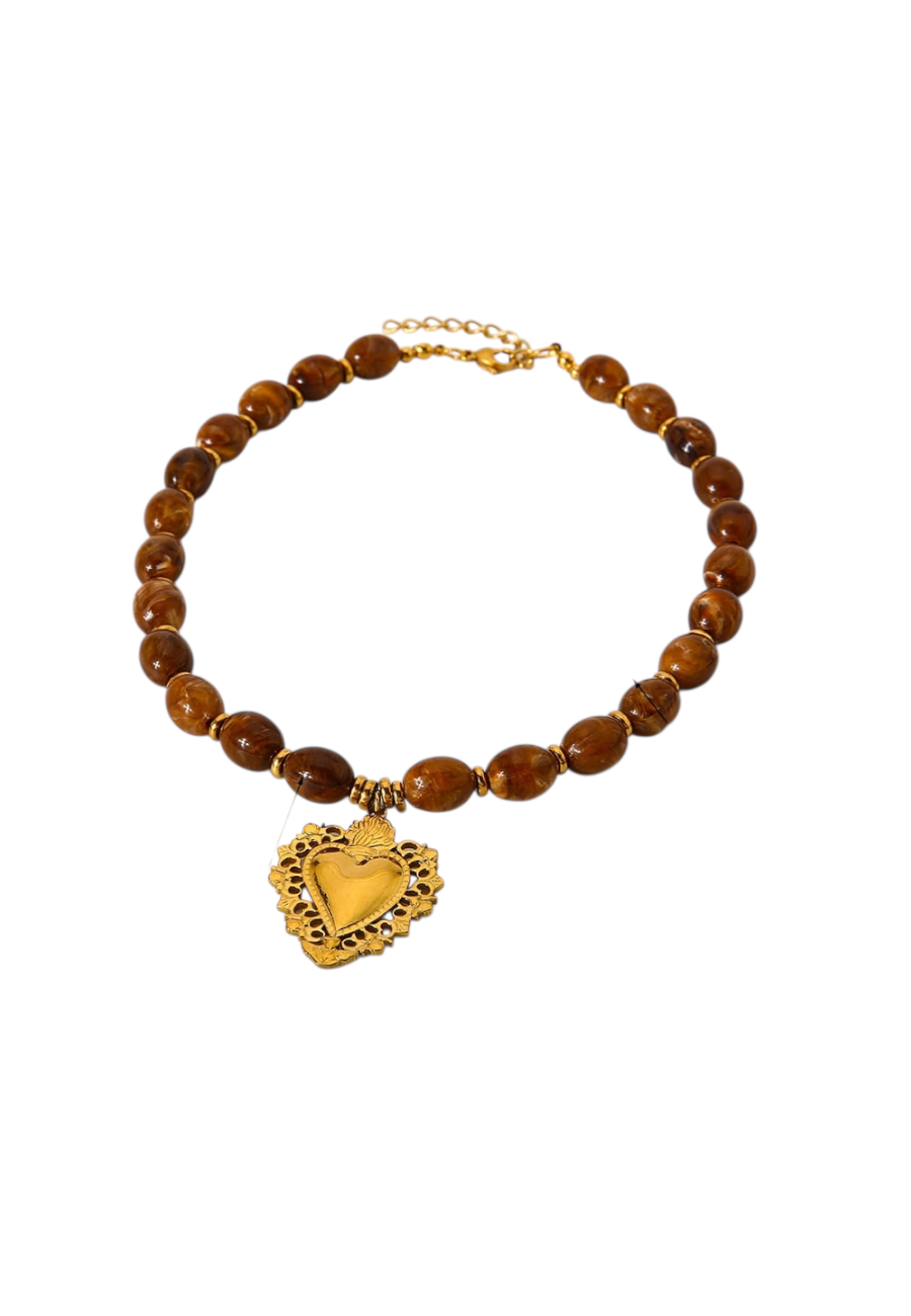 Bruine kralen ketting met hart