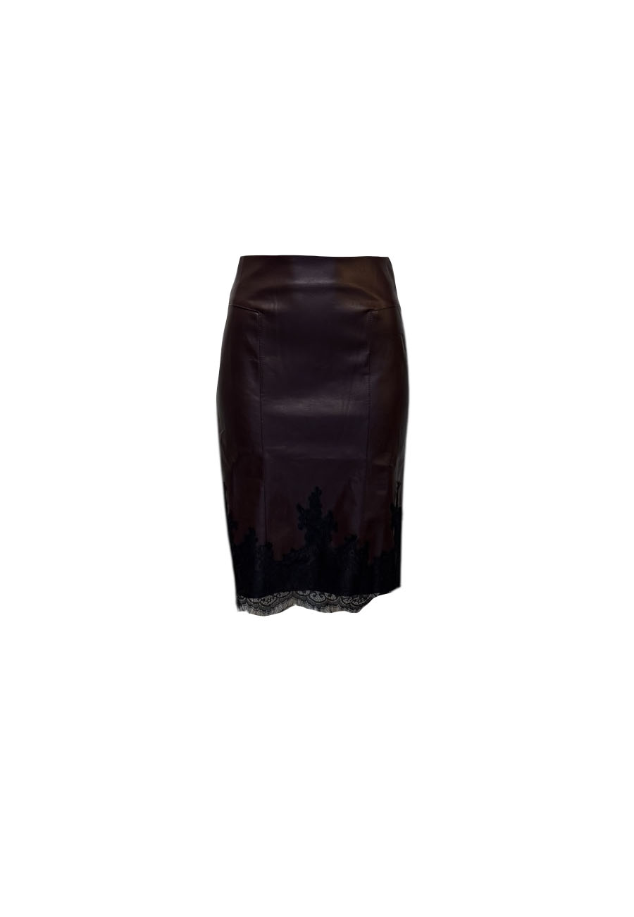 Bordeaux leerlook rok met kant