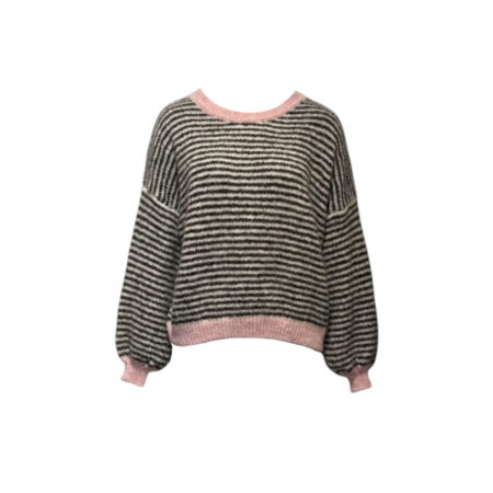 Bruin/ecru gestreepte trui met roze accent