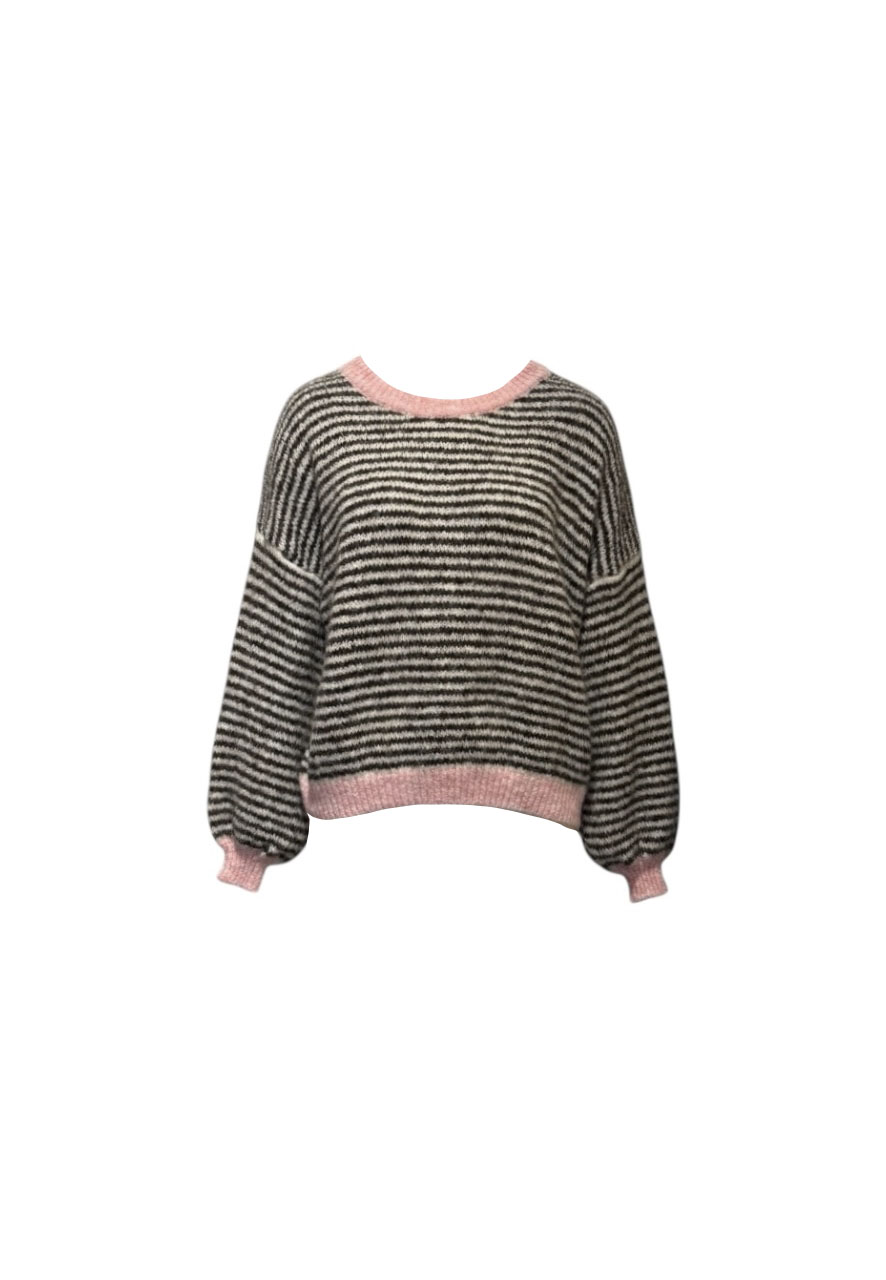 Bruin/ecru gestreepte trui met roze accent