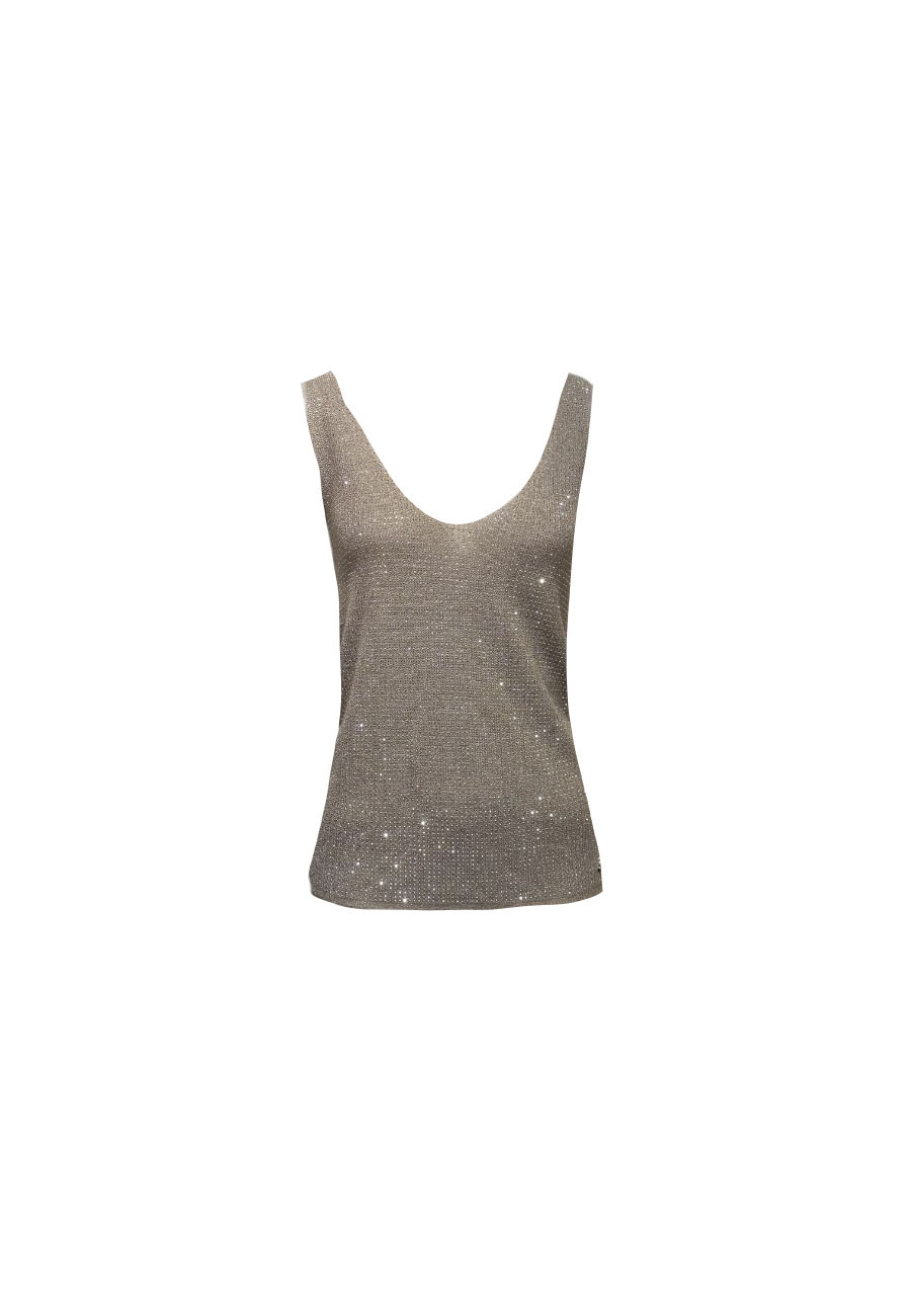 Zandkleurig lurex hemdje met ton sur ton steentjes