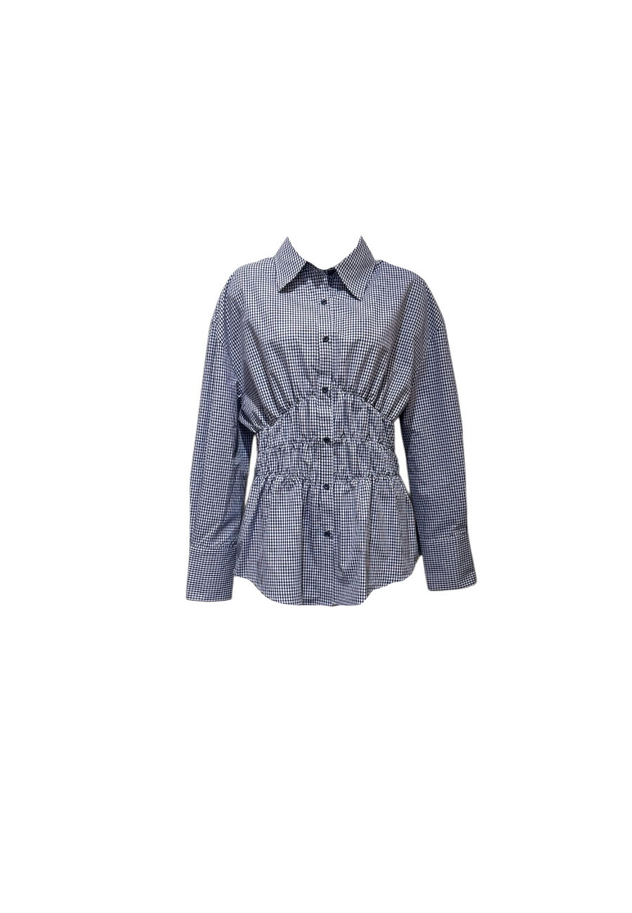 Ruiten blouse blauw/wit met gesmokte taille