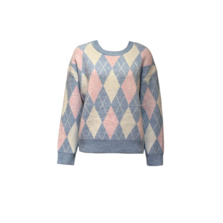 Lichtblauw/roze ruiten trui