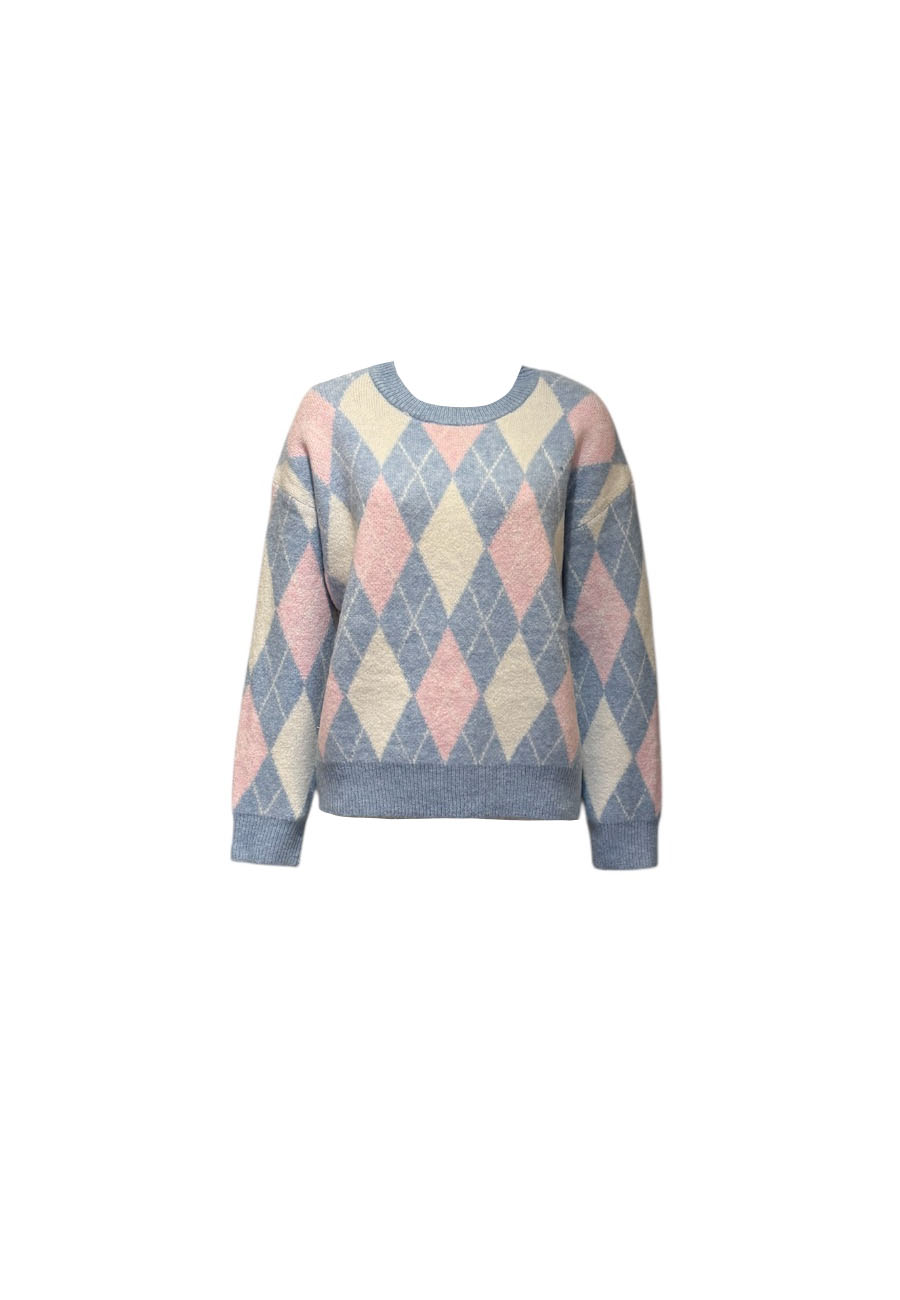 Lichtblauw/roze ruiten trui