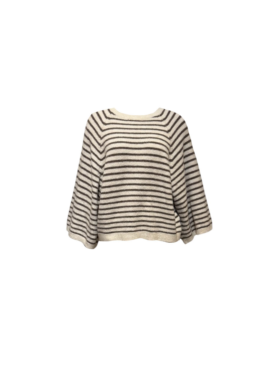 Ecru/bruin gestreepte basic trui