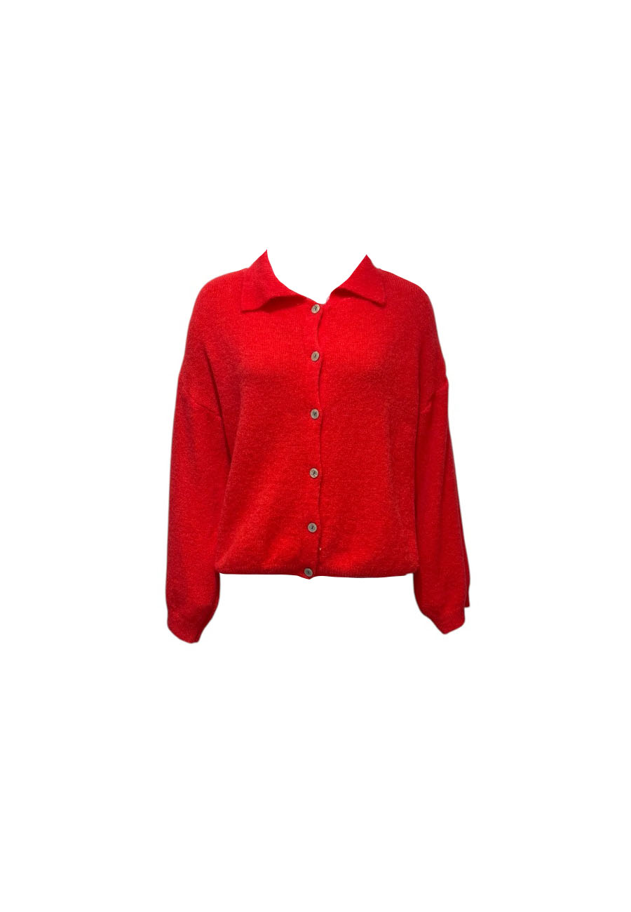 Rood zacht gebreid vest met kraag