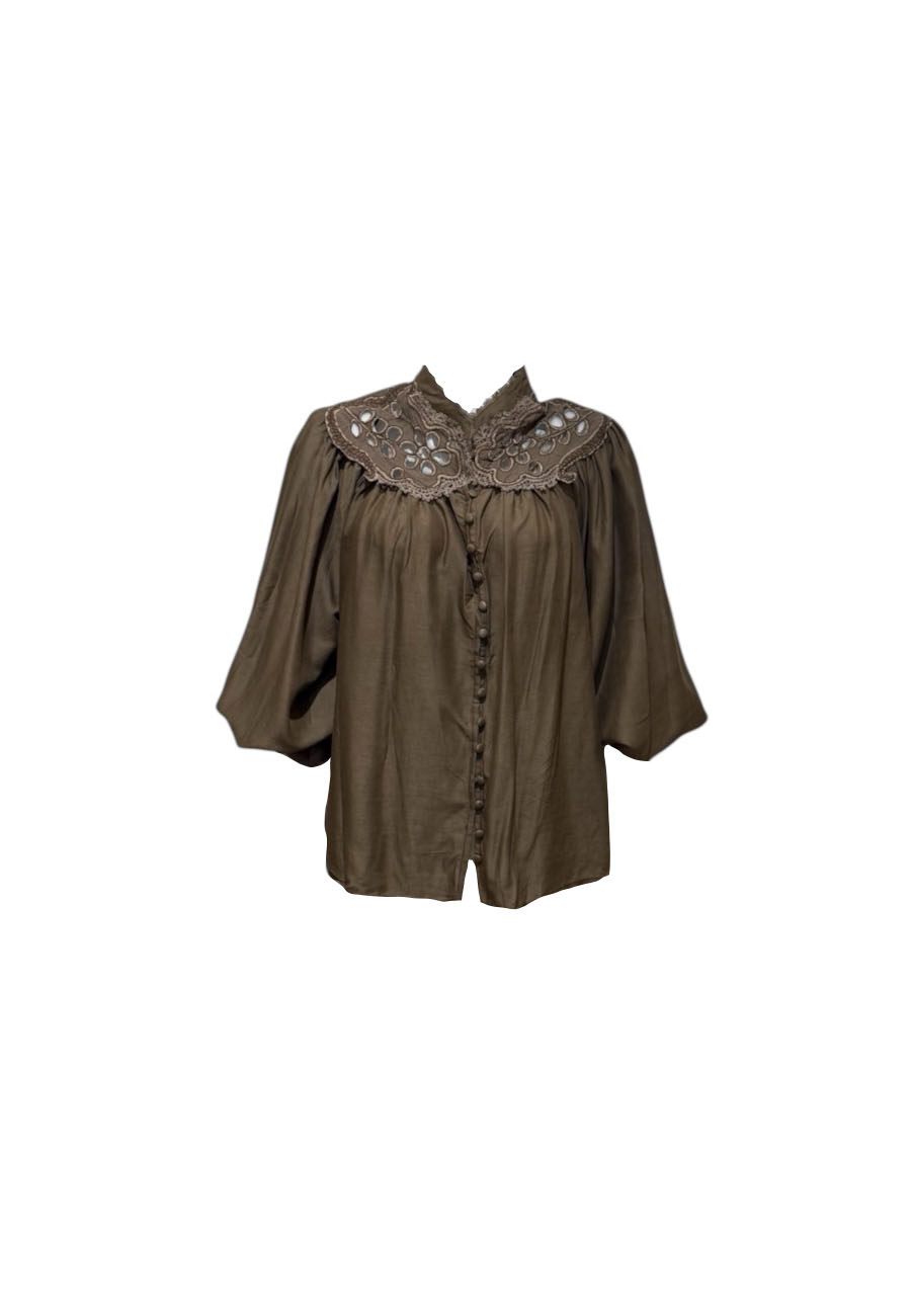 Bruine blouse met ton sur ton broderie