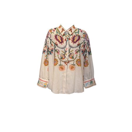 Ecru oversized blouse met bloemenmotief