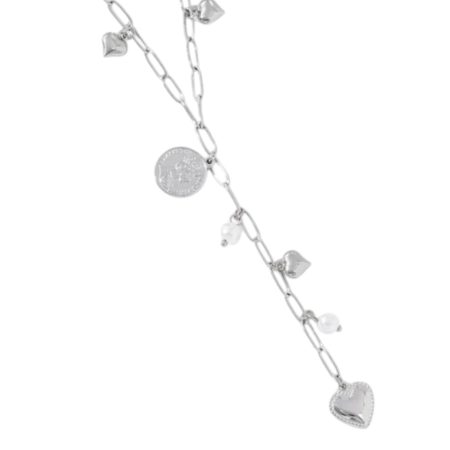 Zilverkleurige Lange ketting met hartjes en muntjes