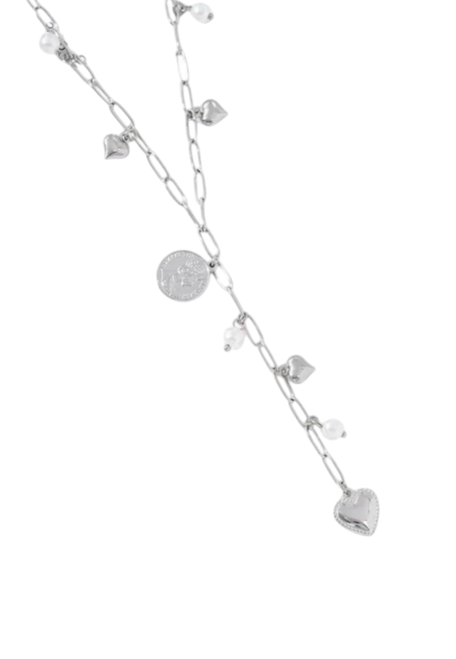 Zilverkleurige Lange ketting met hartjes en muntjes