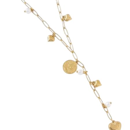 Goudkleurige Lange ketting met hartjes en muntjes
