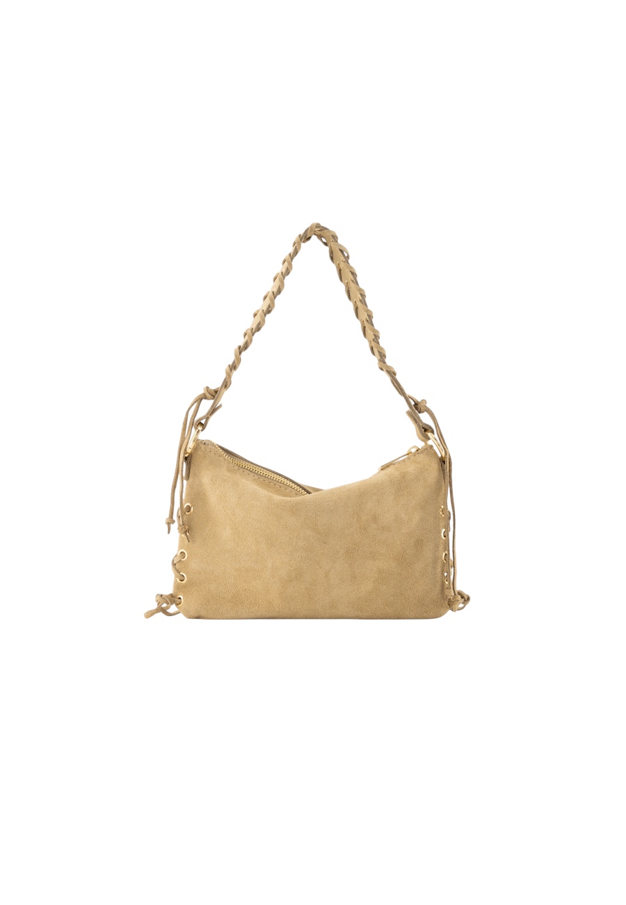 Suède leren schoudertas die ook gedragen kan worden als crossbody tas