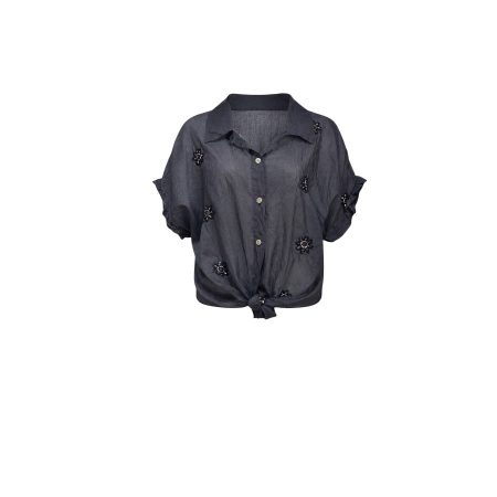Blauwe voile blouse met borduursels