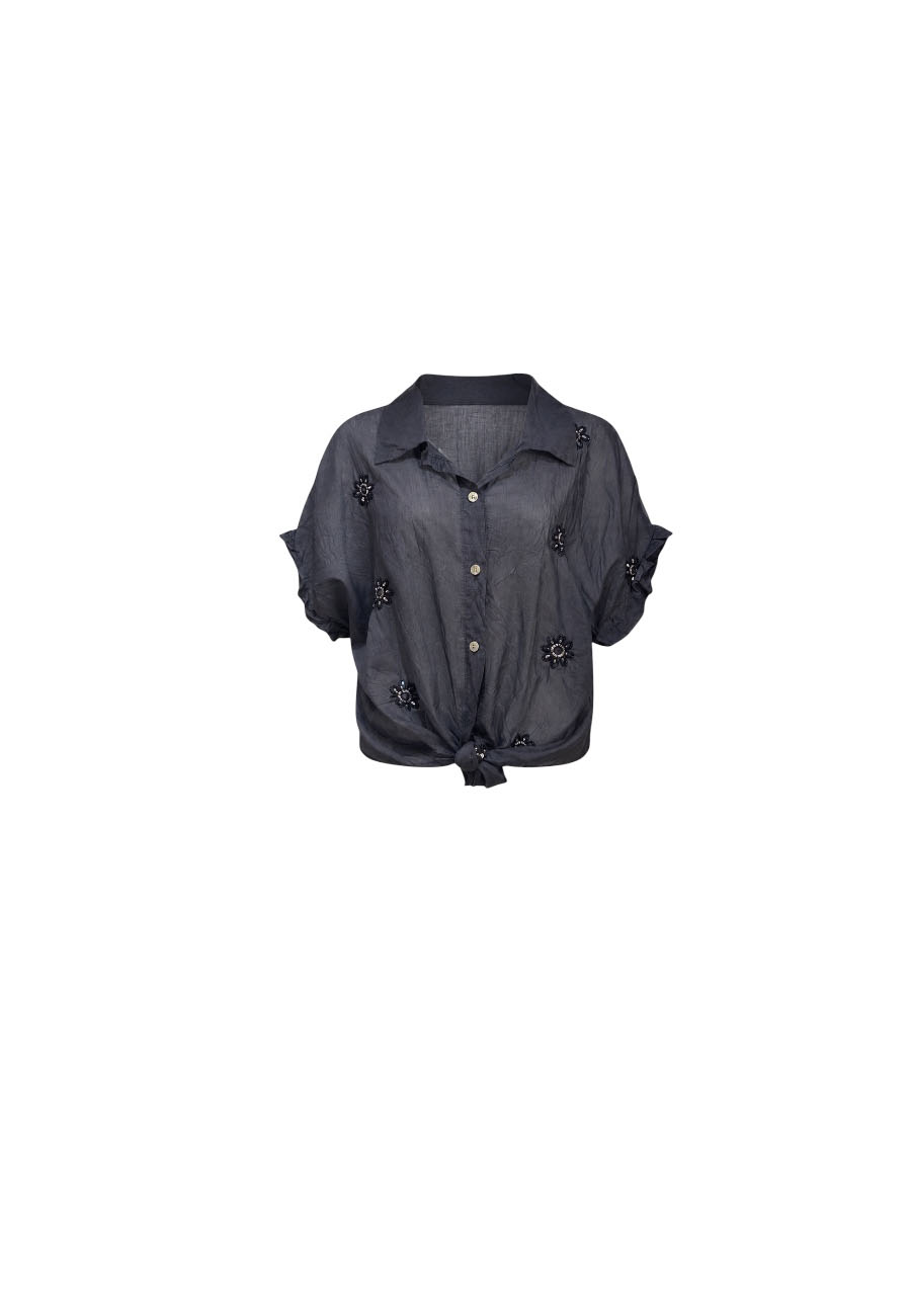 Blauwe voile blouse met borduursels