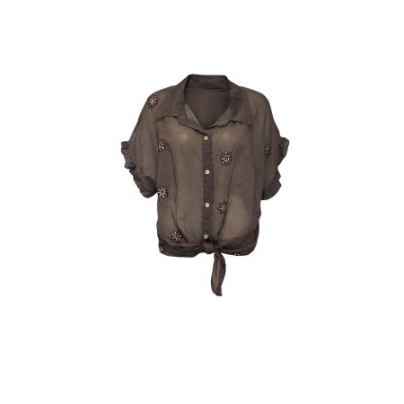 Bruine voile blouse met borduursels
