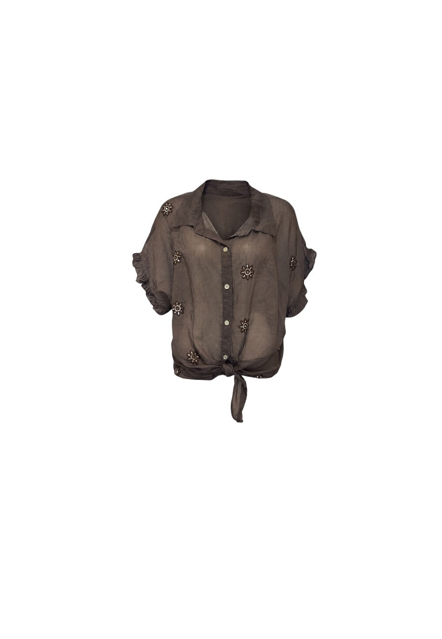 Bruine voile blouse met borduursels