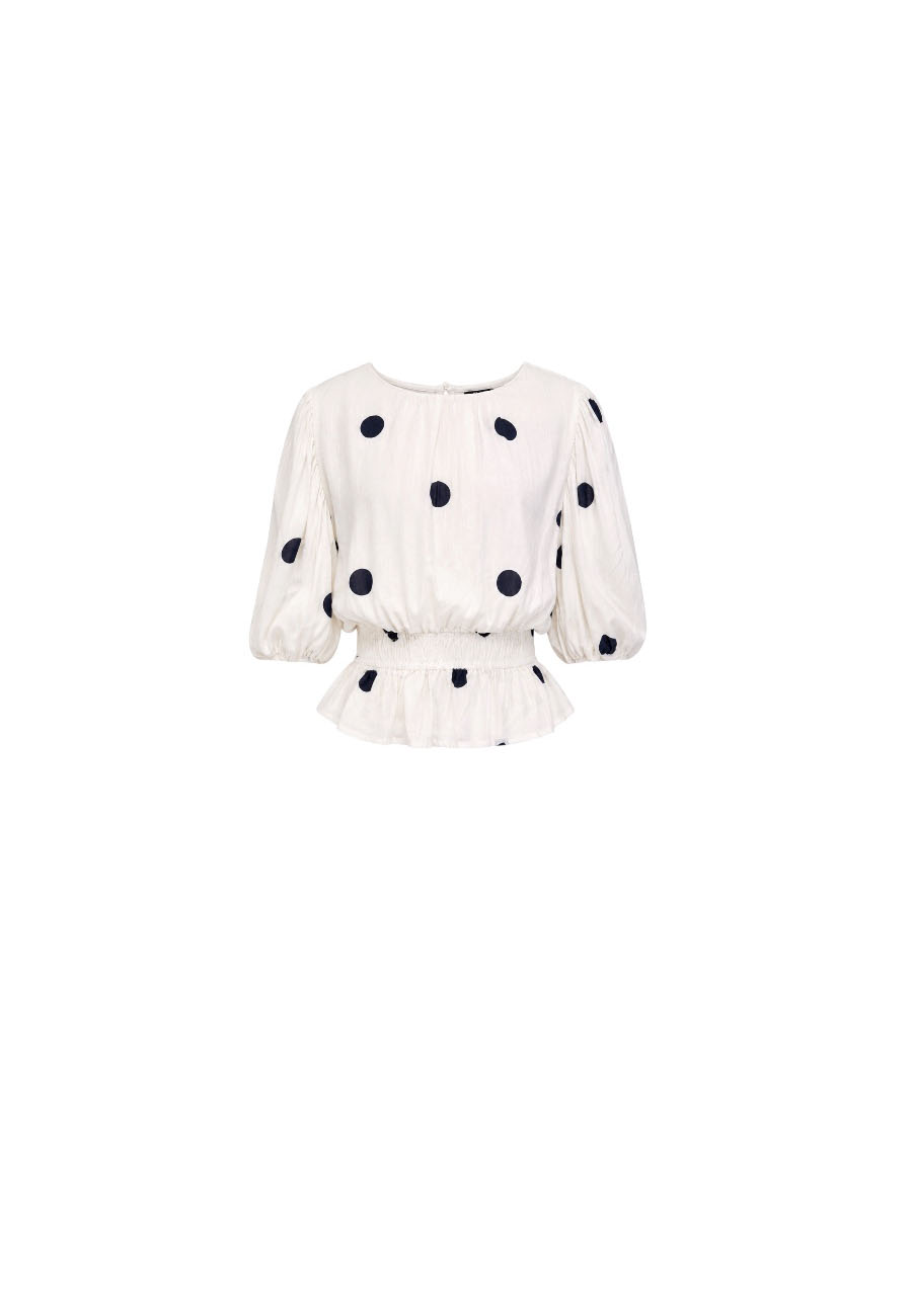 Off white top met blauwe stippen print
