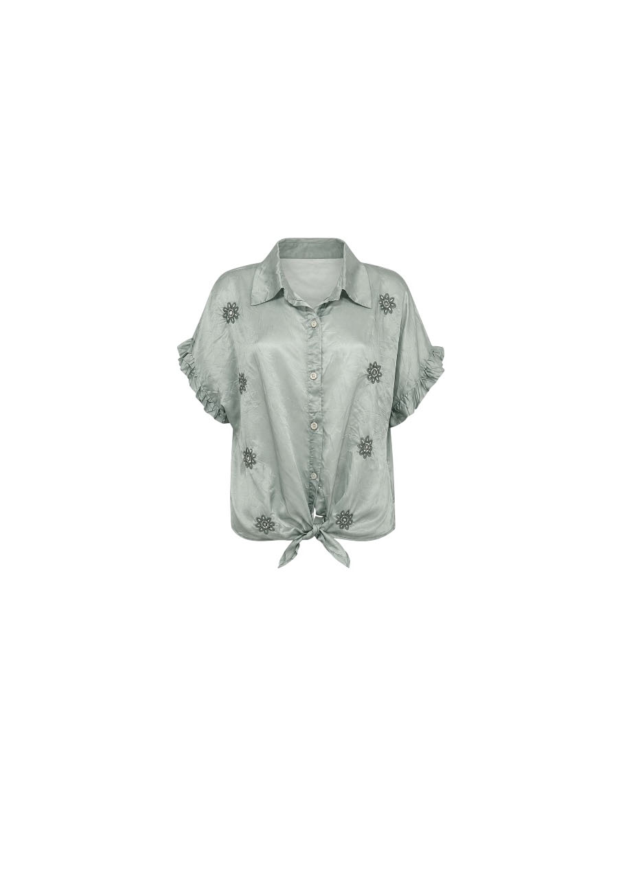 Olijfgroene voile blouse met borduursels
