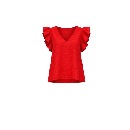 Rood linnen top met volant mouwtjes