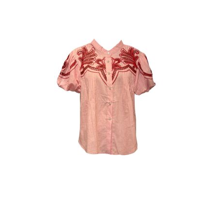 Roze blouse met rode borduursels en pofmouwen