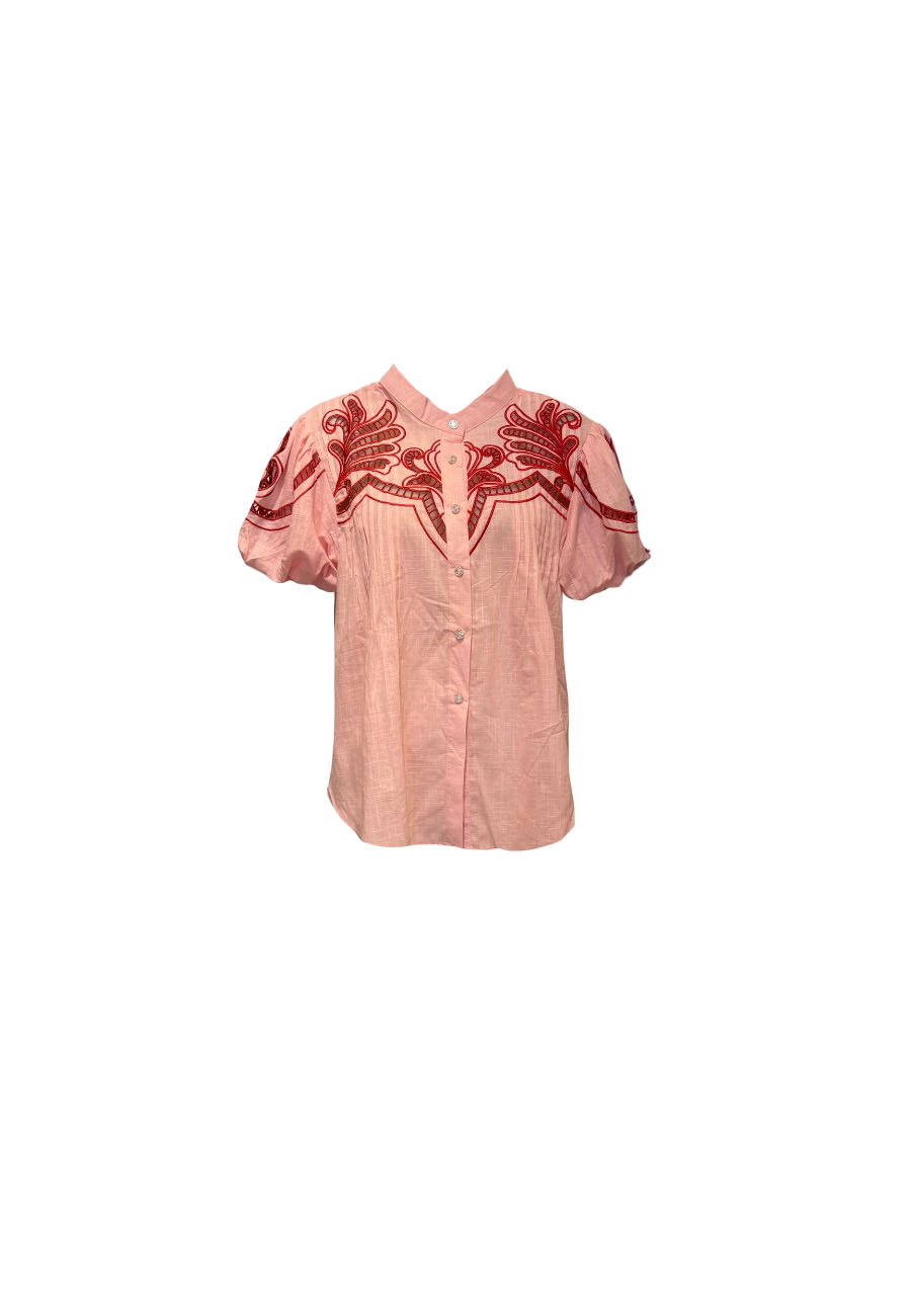 Roze blouse met rode borduursels