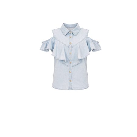 Lichtblauw denim blouse met ruches