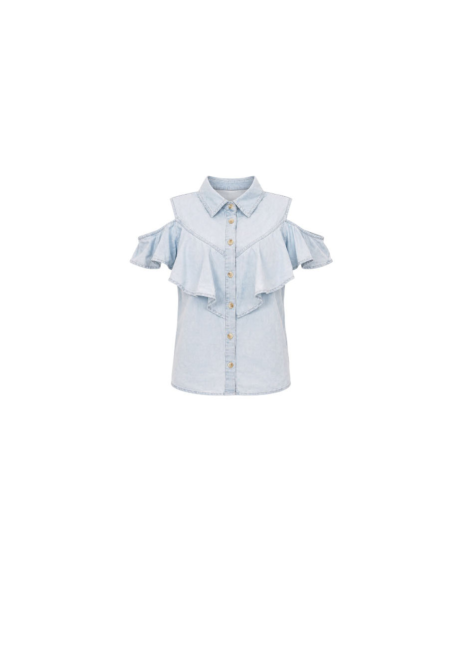 Lichtblauw denim blouse met ruches