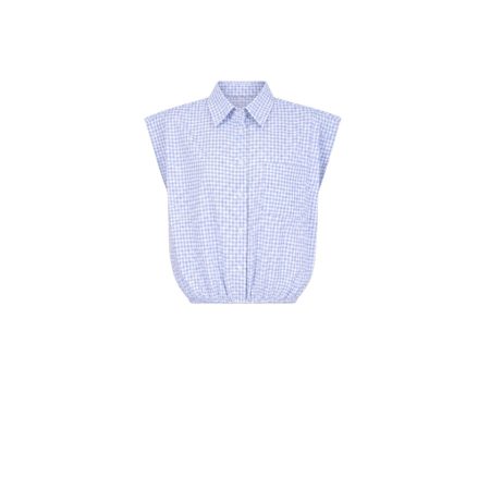 Lichtblauw/wit geruit mouwloze blouse