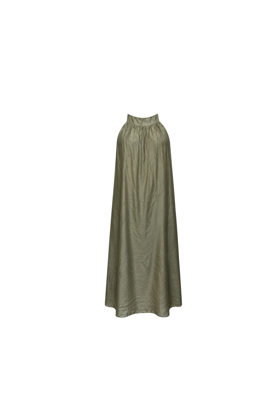 Olijfgroene viscose/tencel halter jurk