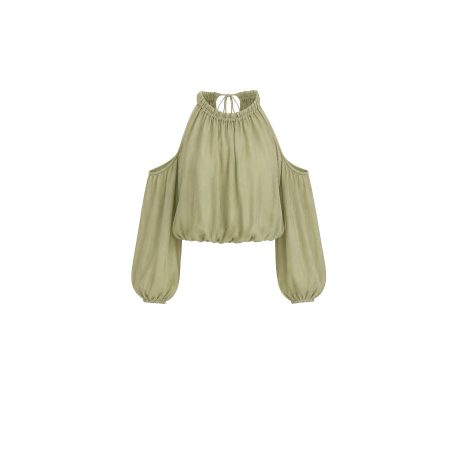 Saliegroene lyocell top met blote schouders