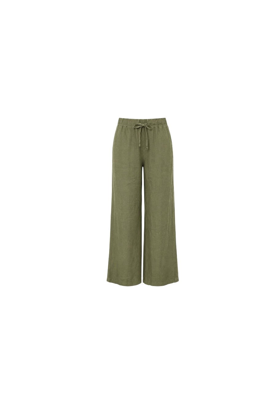 Olijfgroene linnen broek met rechte pijp