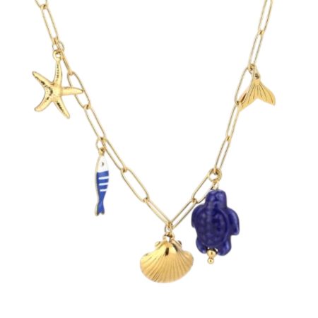 Goudkleurige ketting met blauwe bedeltjes