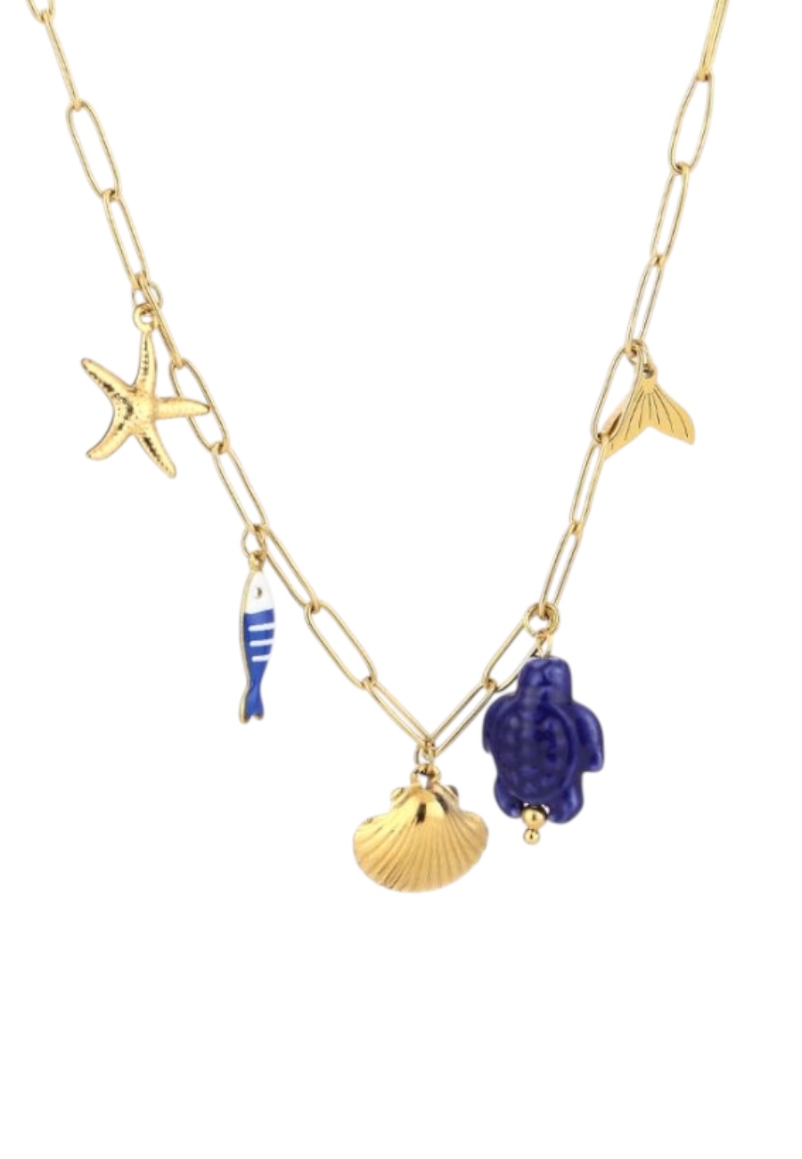 Goudkleurige ketting met blauwe bedeltjes