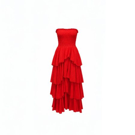 Rode strapless jurk met gelaagde ruches