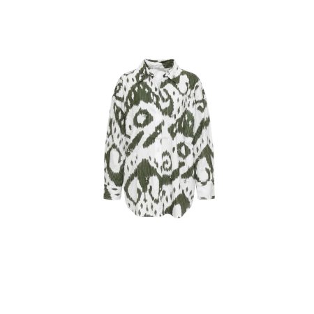 Witte oversized blouse met olijfgroene ikat-print