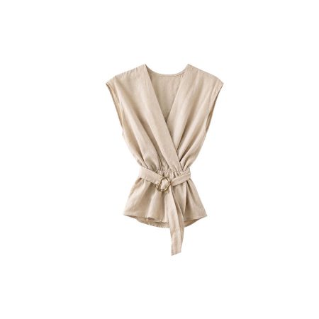Beige mouwloze blouse met ceintuur