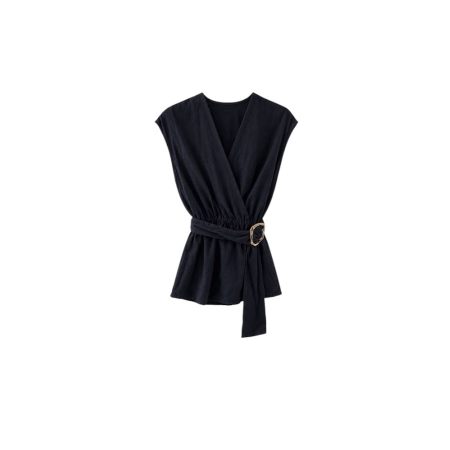 Donkerblauwe mouwloze blouse met ceintuur